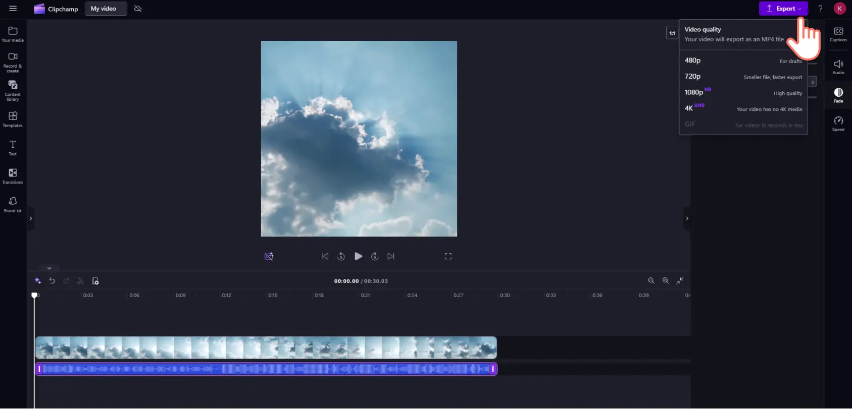 Clipchamp'te bir Instagram videosunu dışa aktaran bir kullanıcı.