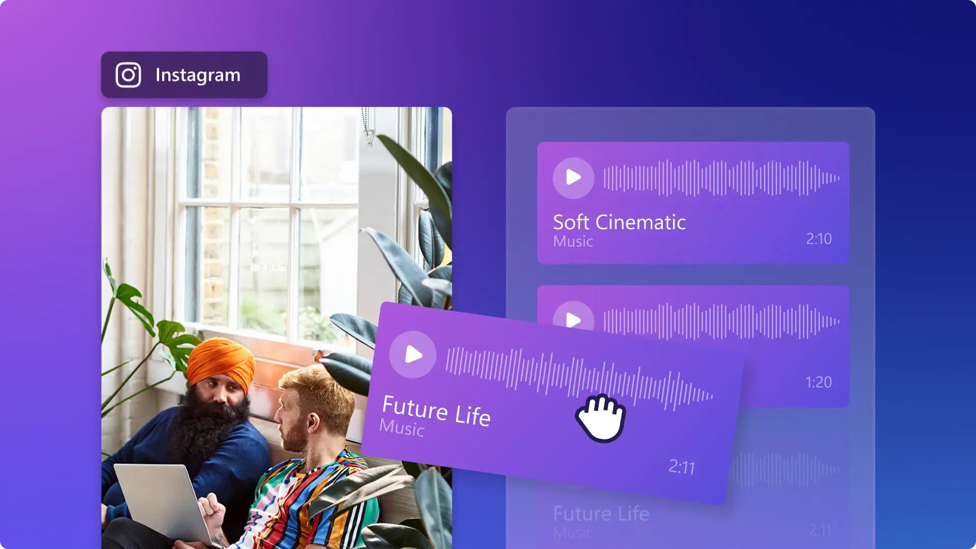 Clipchamp'te bir Instagram videosuna müzik ekleyen bir kullanıcı.