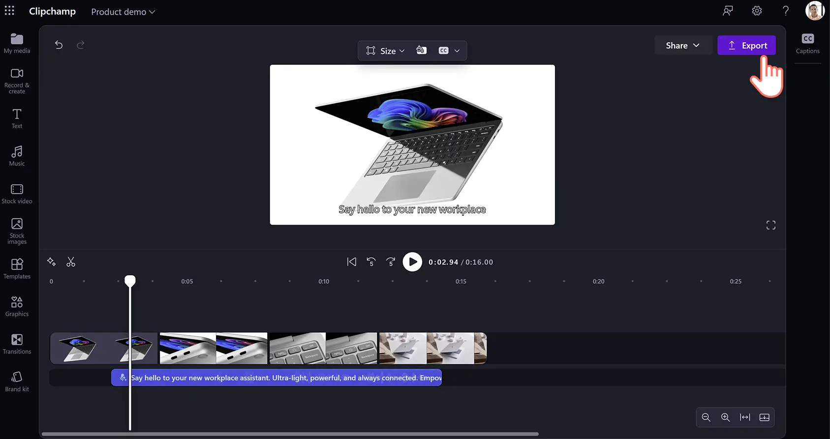 2hrqp1zcmxdjkqzdwirqr3 İş için Clipchamp ile yapılan ürün tanıtımlarını dışarı aktaran bir kullanıcı.
