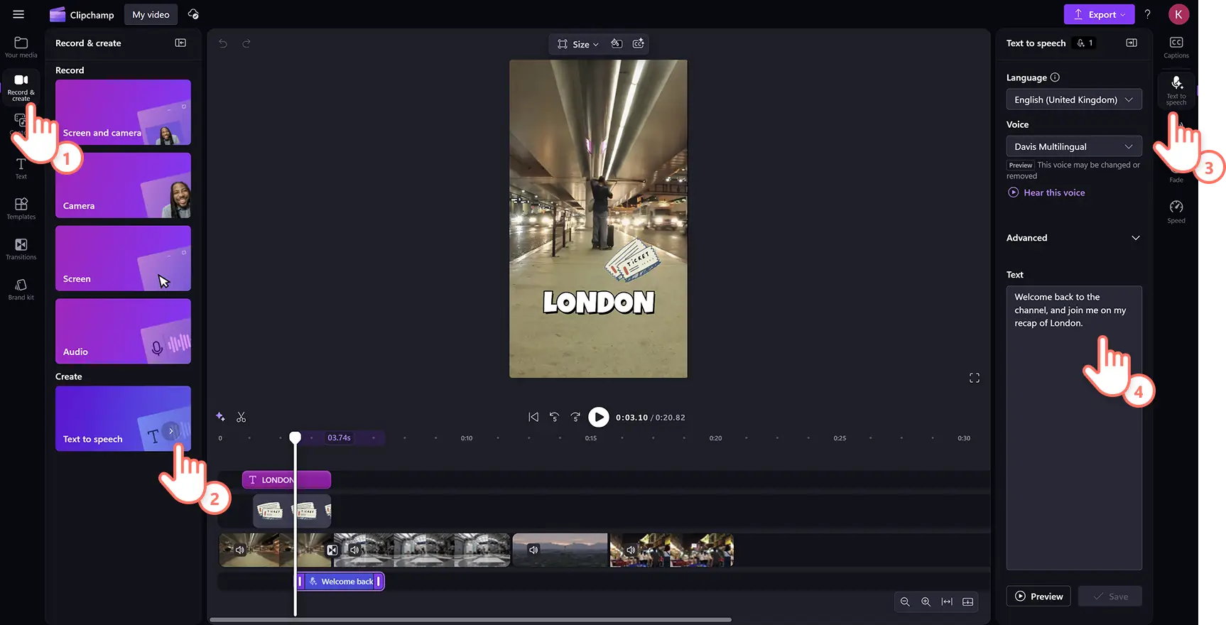 Clipchamp video düzenleyicide seyahat temalı öne çıkanlar videosuna yapay zeka seslendirme ekleyen bir kullanıcı.