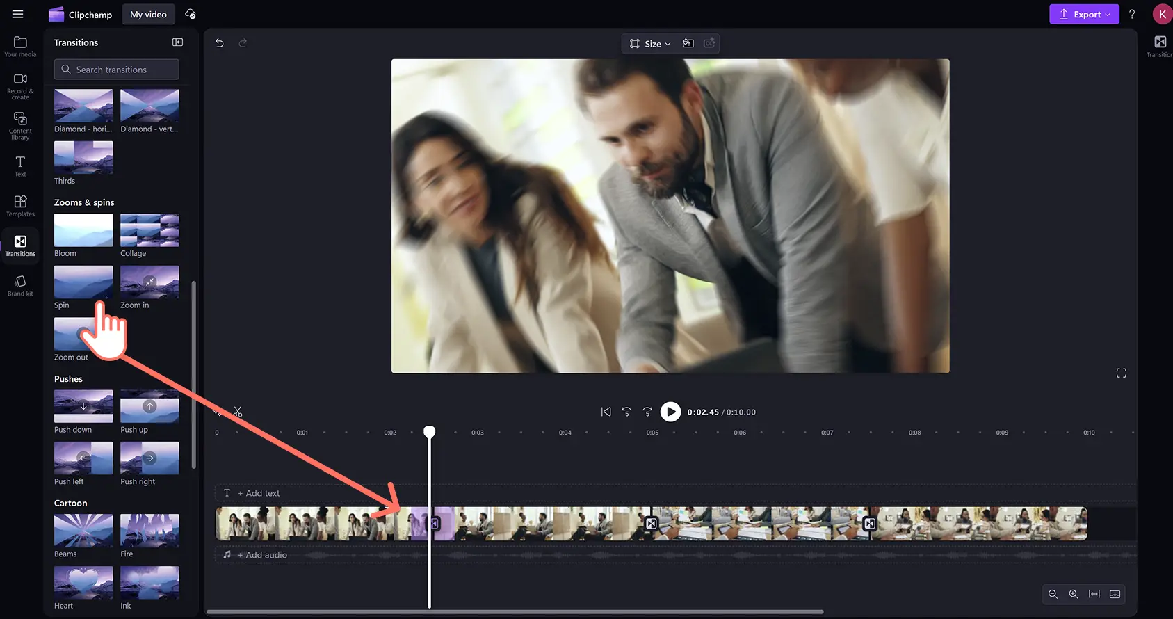 3qz9uir2cmrjw7ja54wzgl Clipchamp video düzenleyicide videolar arasına dönme geçişi ekleyen bir kullanıcı.
