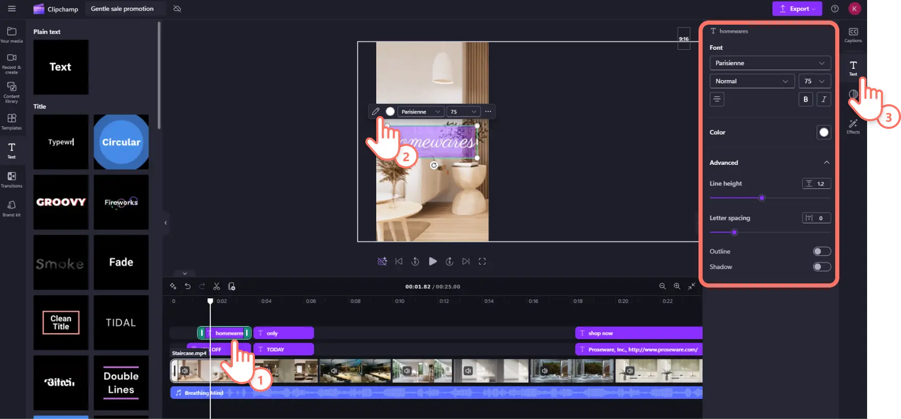 3zphb9euyf6ai61xfhg6ta Clipchamp bir Instagram video reklam şablonundaki metni özelleştiren bir kullanıcı.