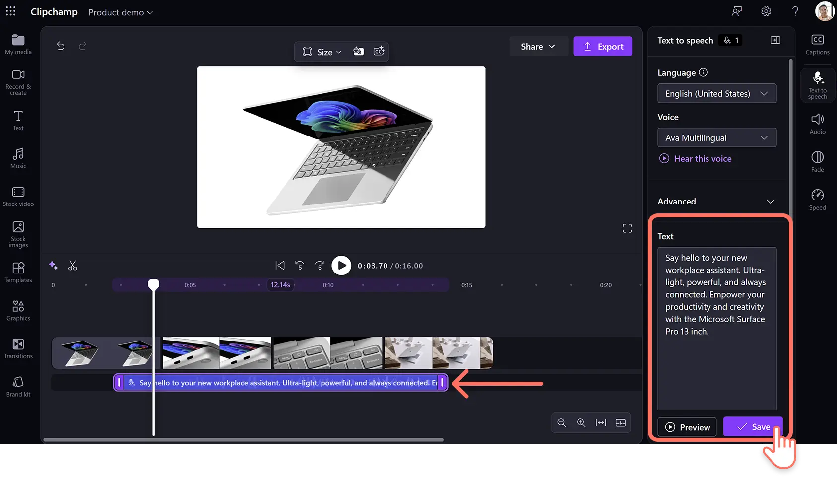 4ctn9tn1qqus6licq8ditm İş için Clipchamp konuşma oluşturucu kullanarak yapay zeka seslendirmesi yazan ve kaydeden bir kullanıcı.