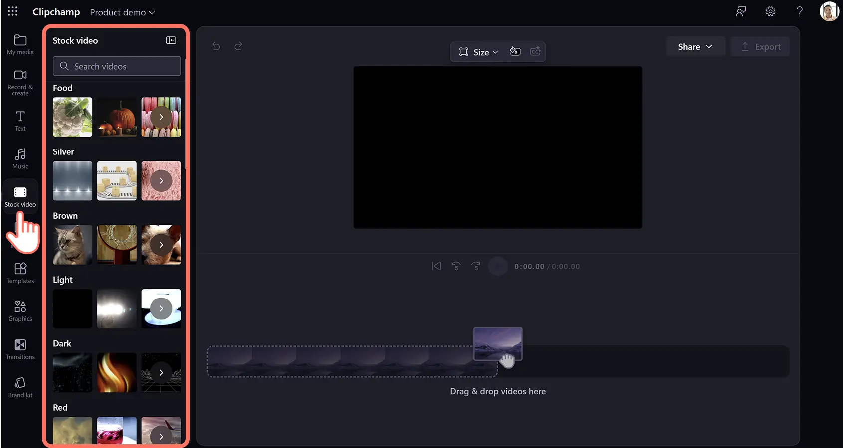 4iss3tvzzoje6scyvgfw3g İş için Clipchamp’te stok medya arayan bir kullanıcı.