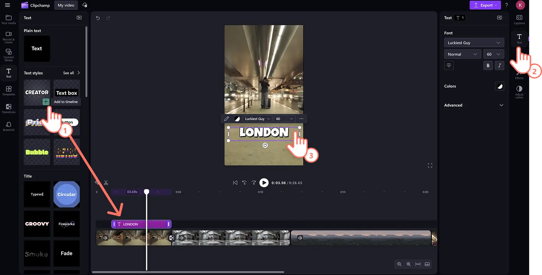 Clipchamp video düzenleyicide seyahatte öne çıkanlar videosuna animasyonlu yazı ekleyen bir kullanıcı.