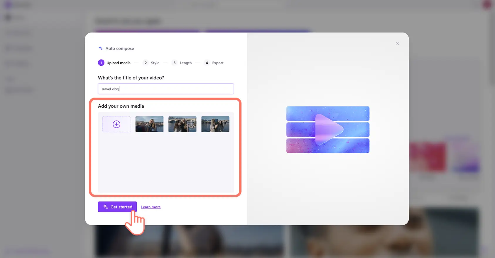 Clipchamp'teki yapay zeka video düzenleyiciye otomatik video oluşturan bir kullanıcı.