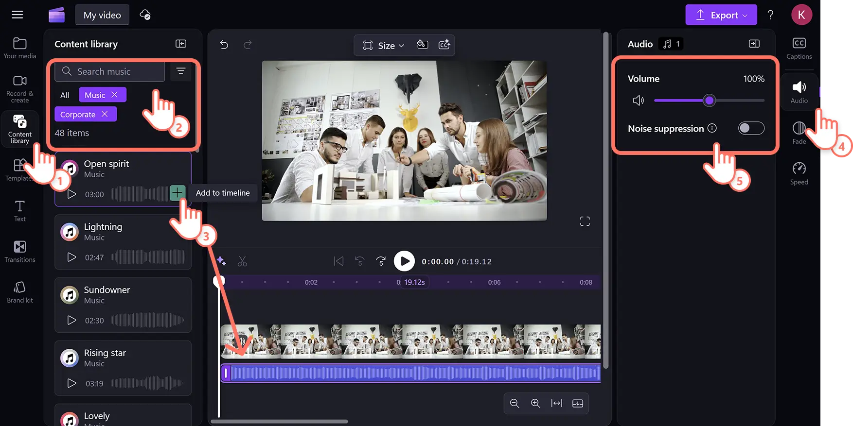 52i7y3fmqewgtys7cq4lt8 Clipchamp video düzenleyicide bir videoya ücretsiz arka plan müziği ekleyen bir kullanıcı.