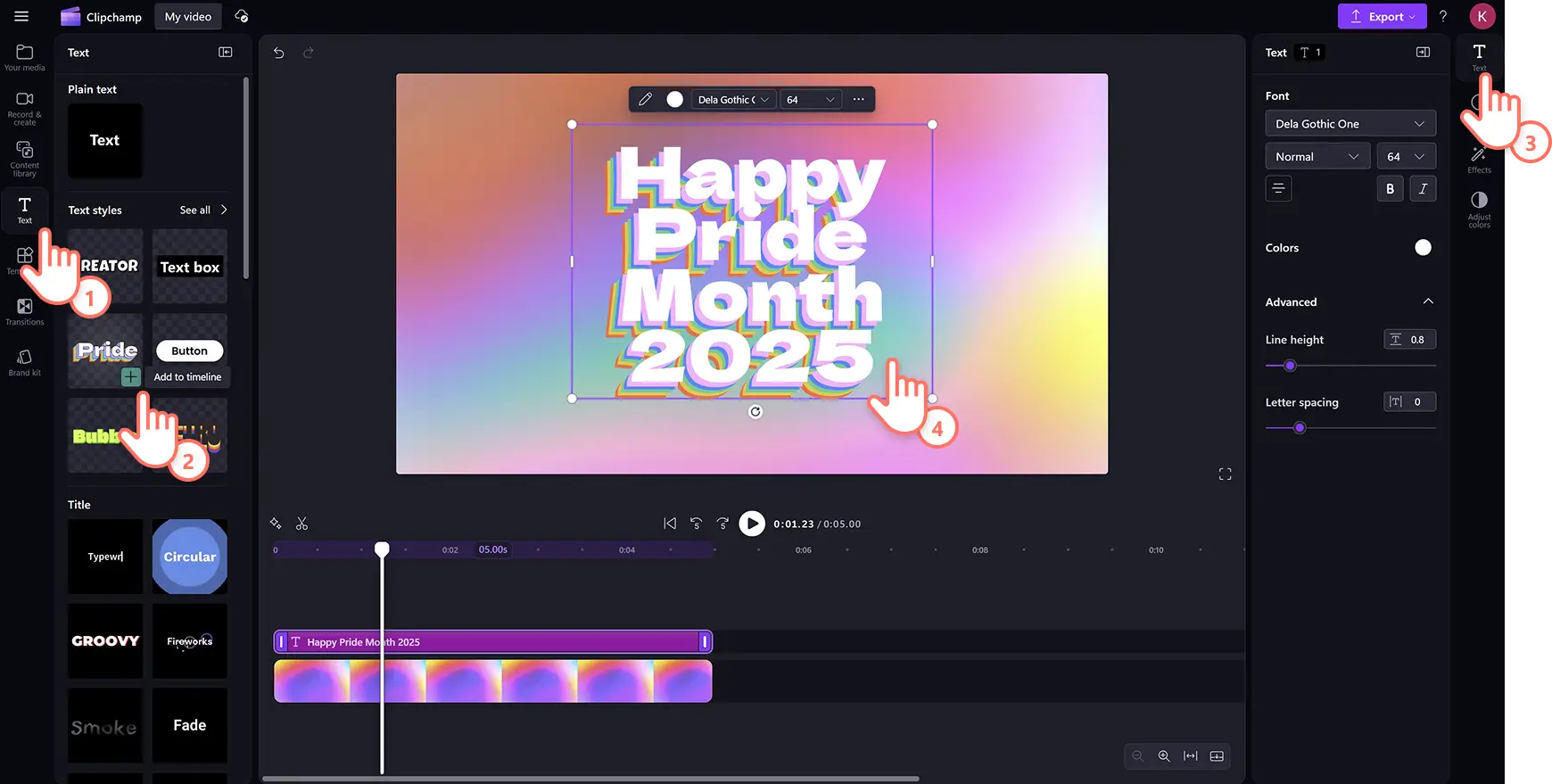 54amqb9ej0tjbyyguqzk3i Clipchamp video düzenleyicisinde bir videoya özel Pride yazı tipi ekleyen bir kullanıcı.