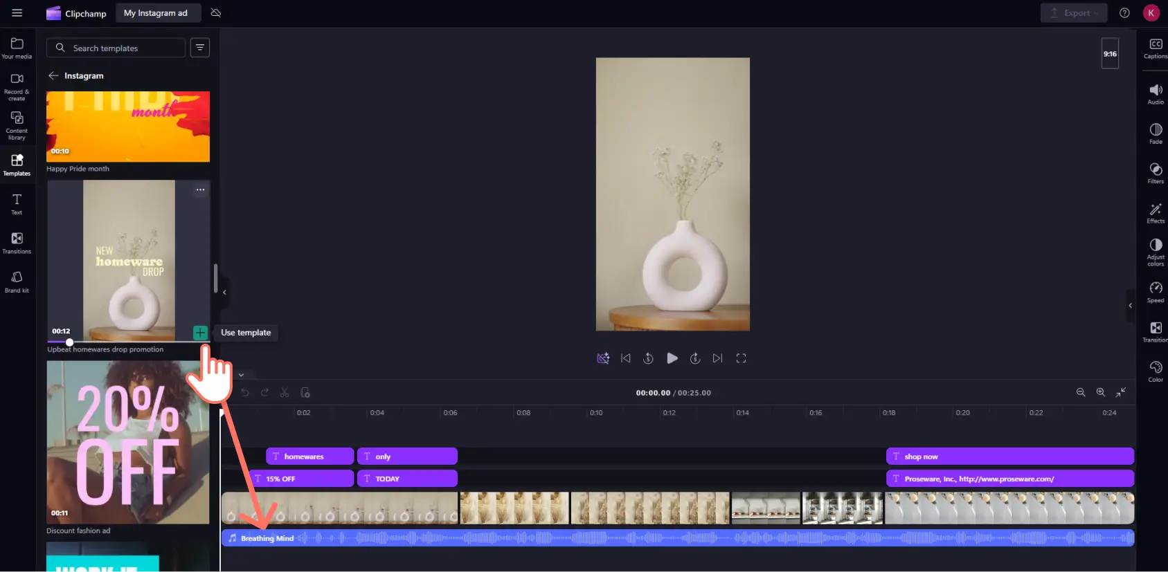 56ritgypiephr3hch78ls Instagram video reklam şablonunu Clipchamp yüken bir kullanıcı.