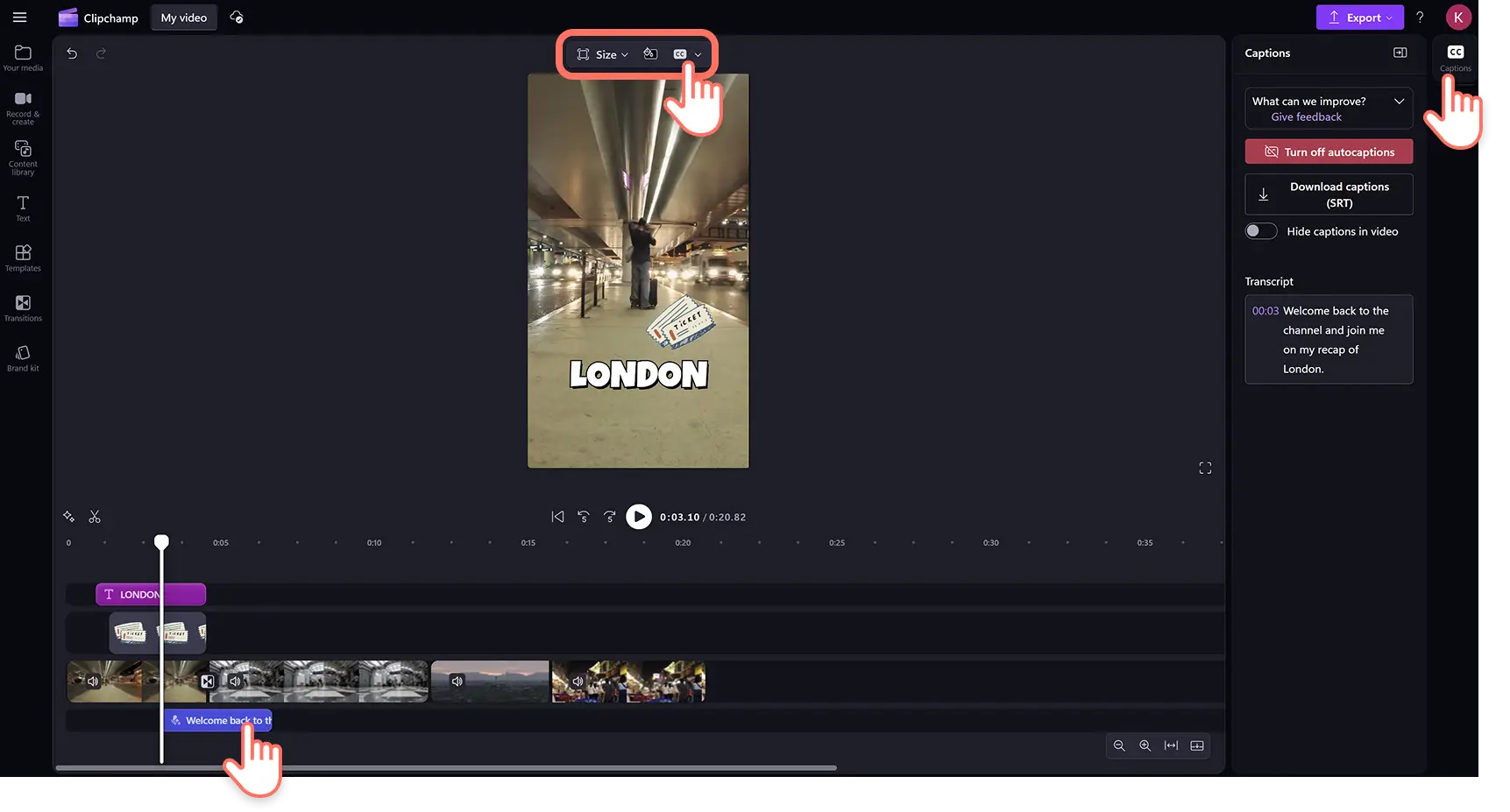 Clipchamp video düzenleyicide seyahatte öne çıkanlar videosuna yapay zekalı otomatik alt yazı ekleyen kullanıcı.