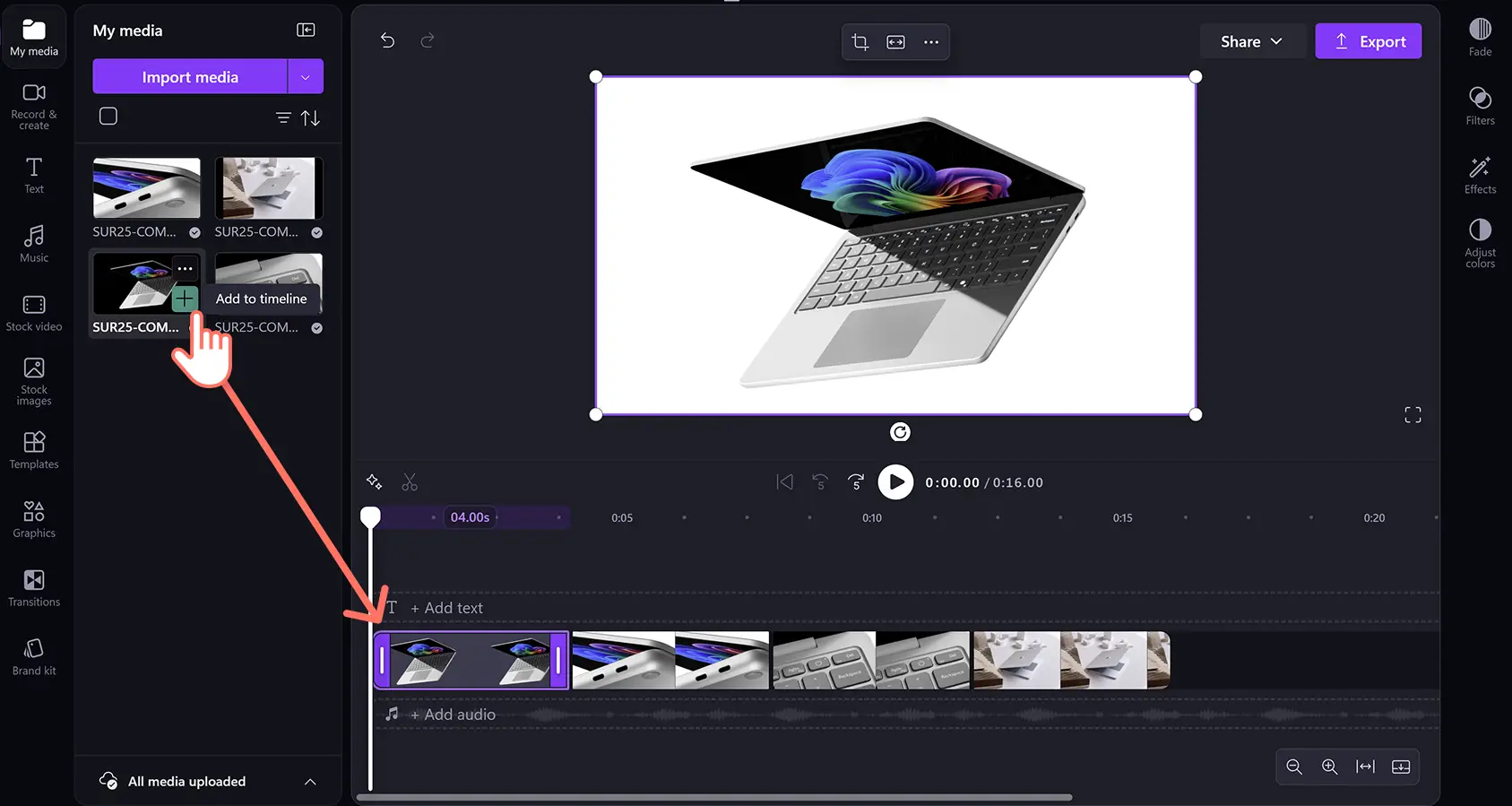5djgdyzmrhsxx4xxao77mz İş için Clipchamp zaman çizelgesine ürün tanıtım görselleri ekleyen bir kullanıcı.