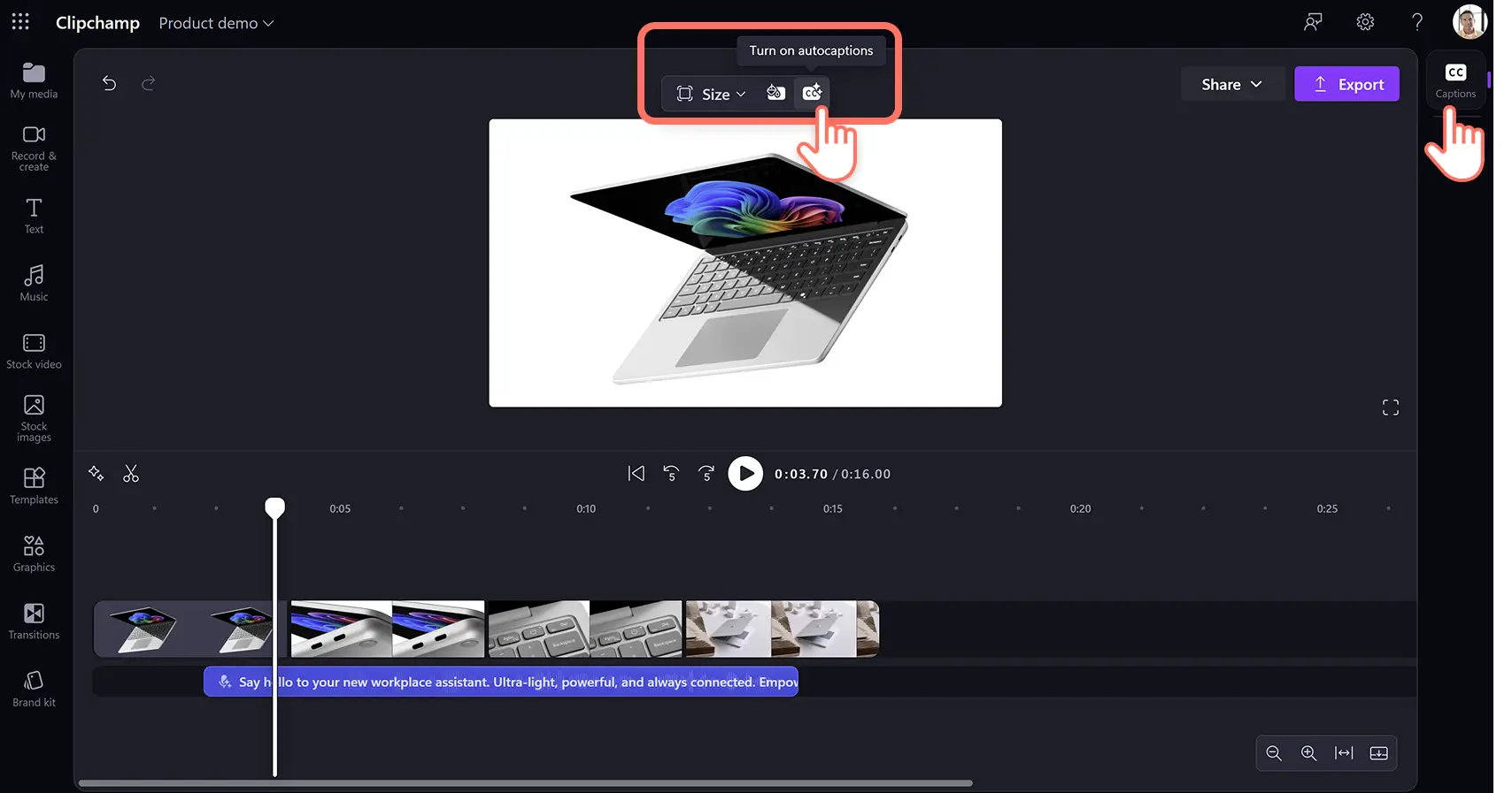 5he8srpso8sjfopmdwcnod İş için Clipchamp otomatik kapsüller düğmesine tıklayan bir kullanıcı.