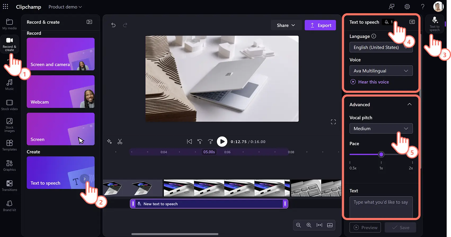 5rhmpar0cvhyhtb1nkh4md Konuşma seslendirmesine metin ekleyen ve iş için Clipchamp ayarlarını değiştiren bir kullanıcı.
