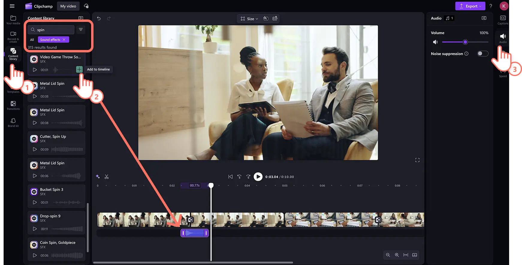 6yyozmb1zx53oazmboiuew Clipchamp video düzenleyicide dönme geçişine ses efektleri ekleyen bir kullanıcı.