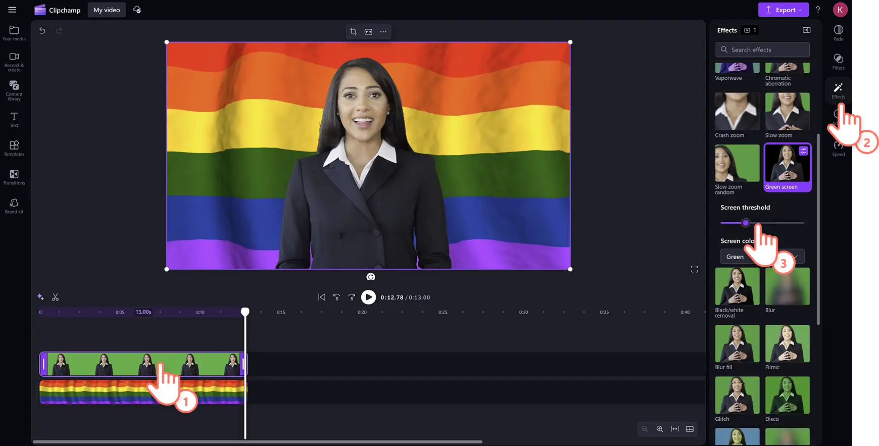 77kpfijuhzgta41wwy4q9y Clipchamp video düzenleyicide kurumsal videoya Onur Ayı yeşil ekranı ekleyen bir kullanıcı.