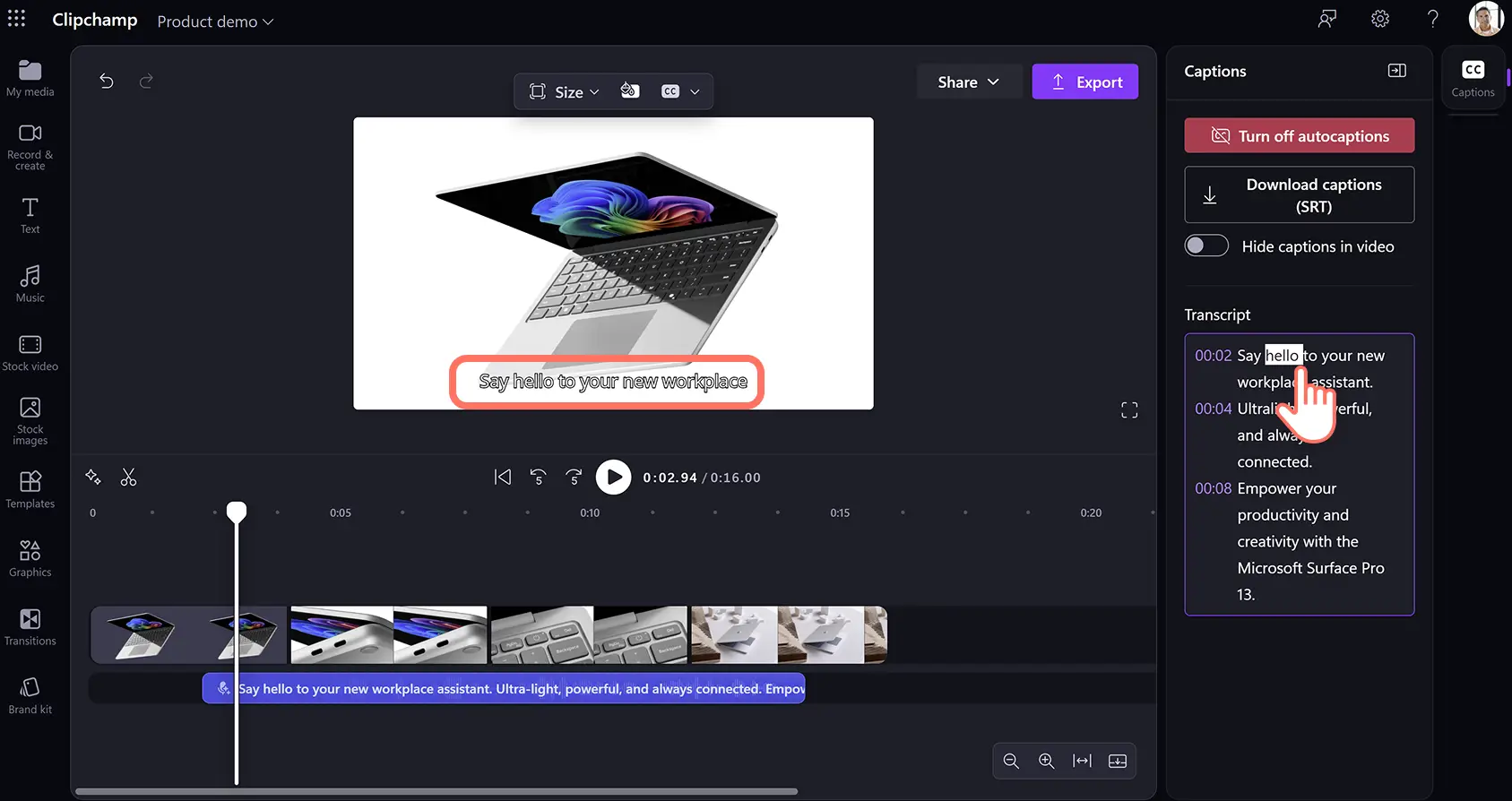 ytx8mo0jzszqda0ktegw0 İş için Clipchamp döküm kutusunda otomatik kapsülleri düzenleyen bir kullanıcı.