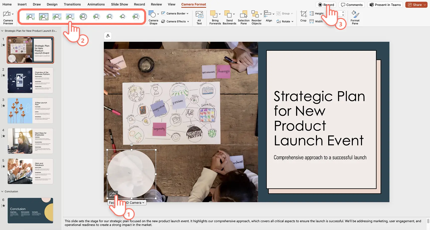 PowerPoint'te kamera kaynağını, kamera şeklini ve Cameo kaydet düğmesini seçen bir kullanıcı