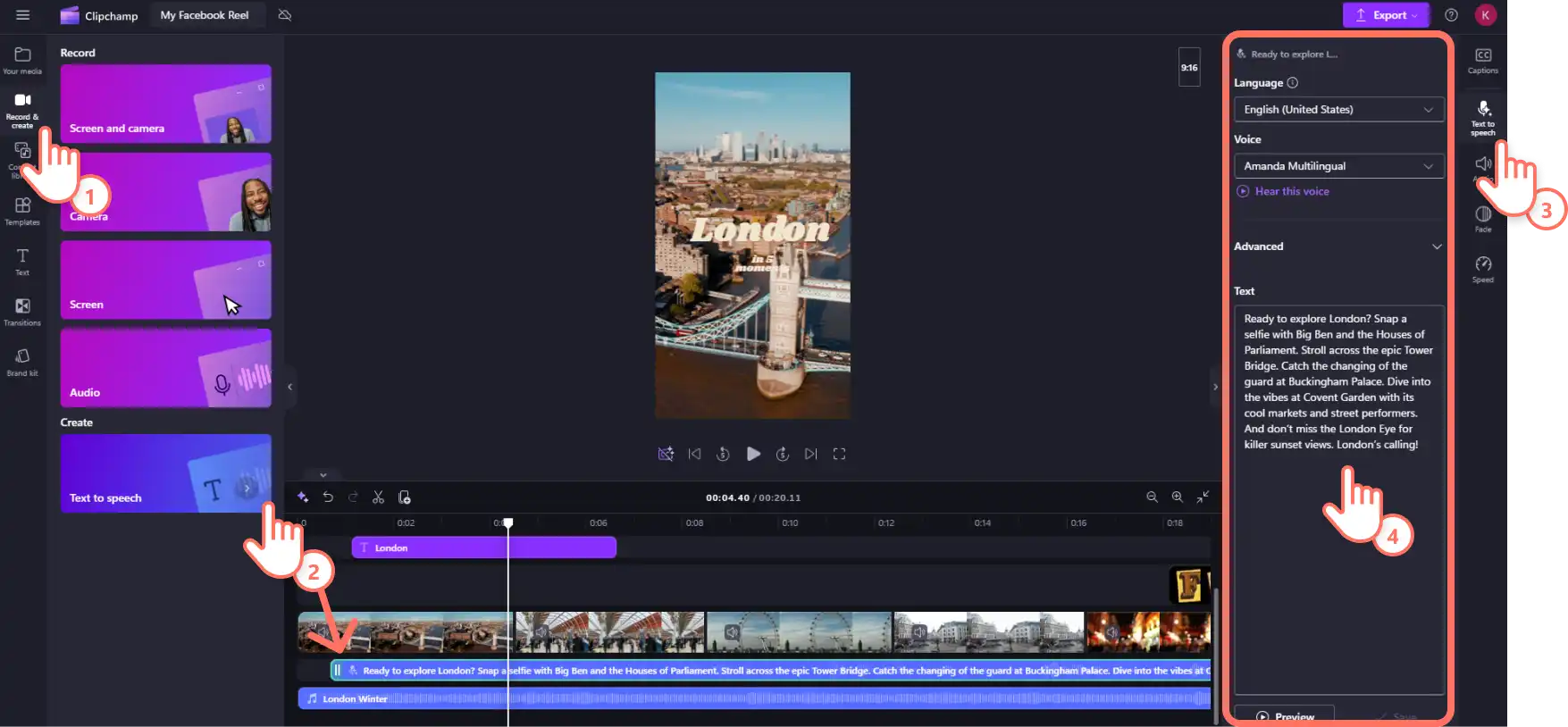 TClipchamp'te zaman çizelgesine yapay zeka seslendirmesi ekleyen bir kullanıcı ClipchampClipchamp.