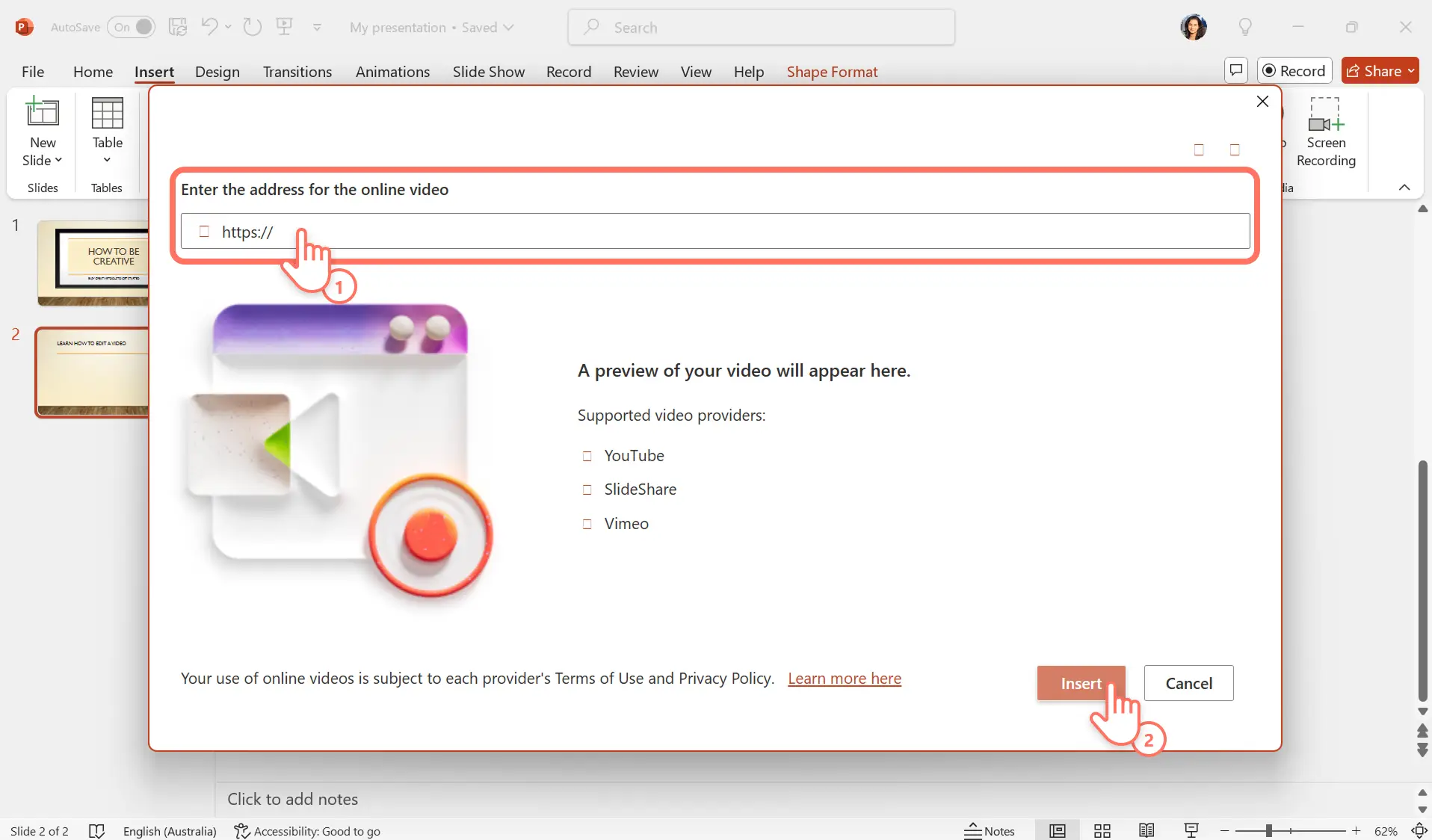 PowerPoint video ekleme açılır penceresine URL yapıştıran bir kullanıcı