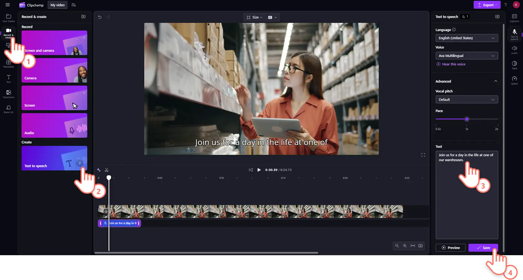 Clipchamp'te bir videonun sesini metin okumaya dönüştüren bir kullanıcı.