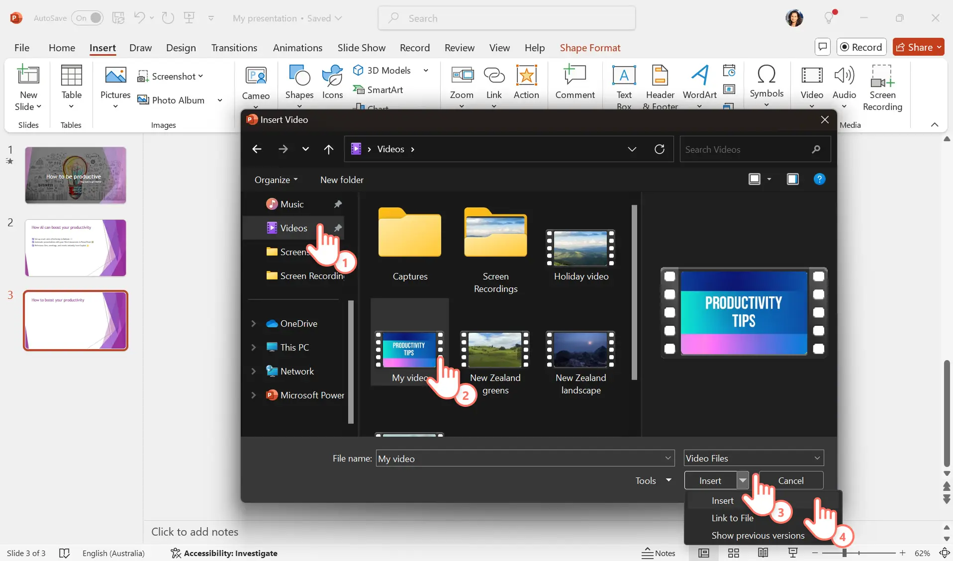 PowerPoint'e eklemek için video dosyası seçen bir kullanıcı