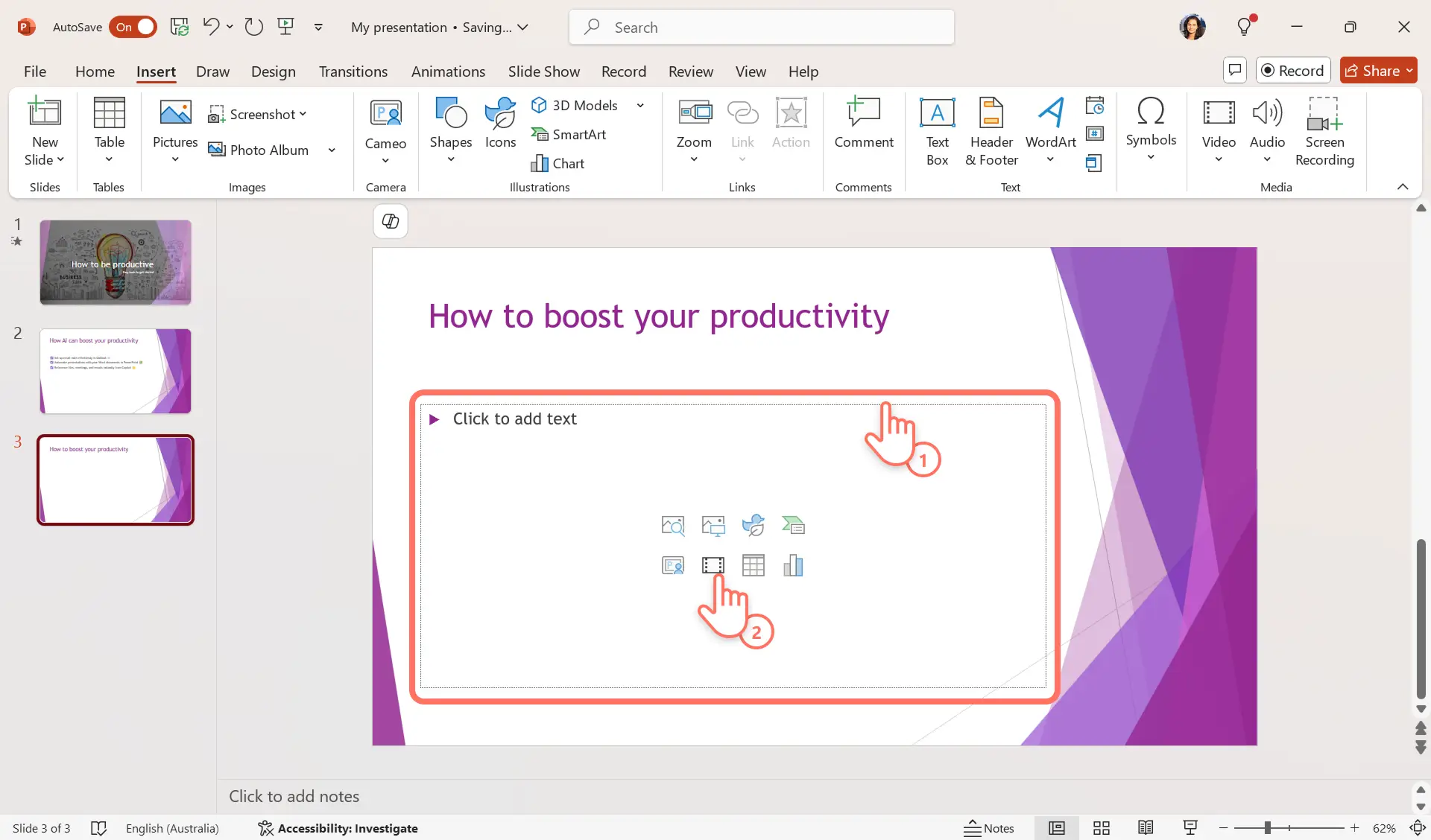 PowerPoint'te metin alanı kısayollarını seçen bir kullanıcı
