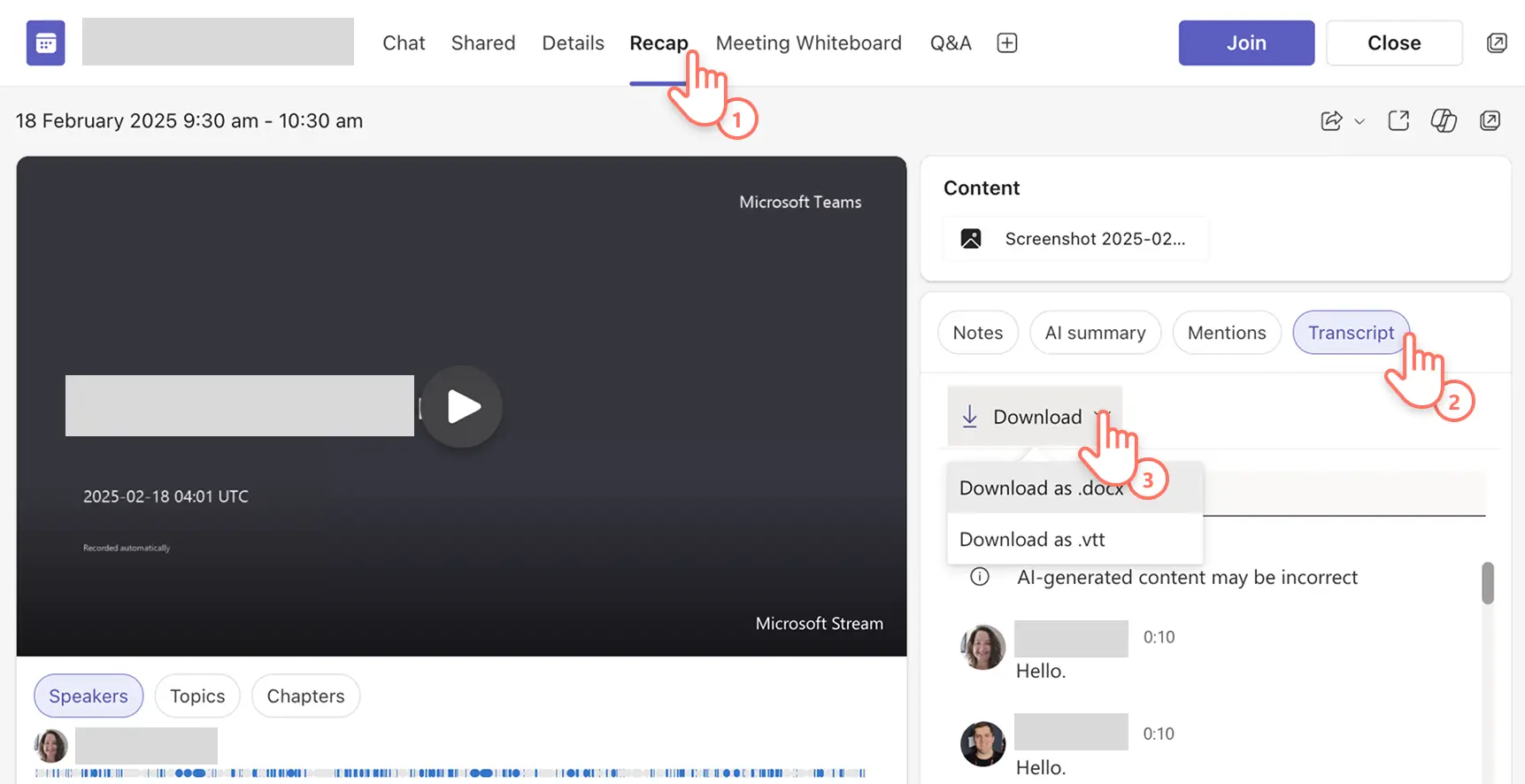 Microsoft teams'den bir transkript indiren kullanıcı