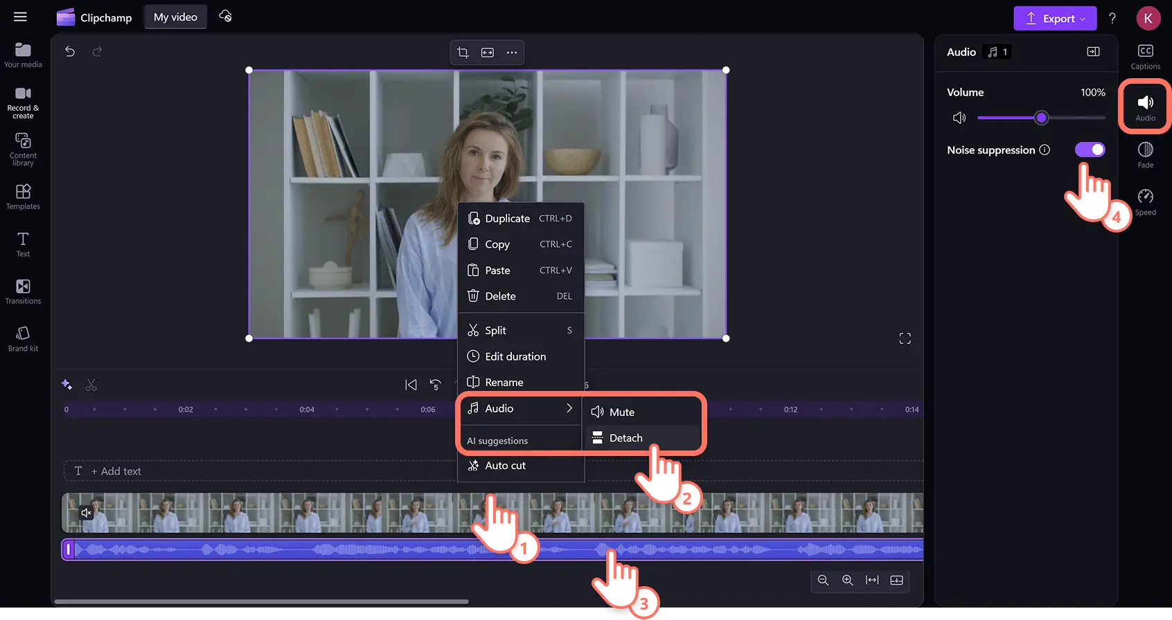 Clipchamp video düzenleyicide bir MOV dosyasında sesi ayıran ve gürültü engellemeyi etkinleştiren bir kullanıcı.