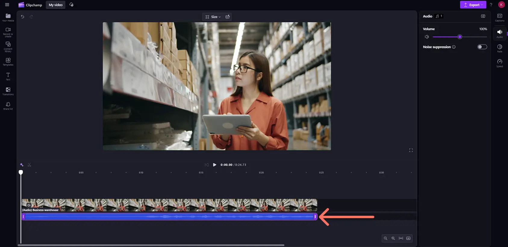 Clipchamp'te bir videodan ayrılmış bir ses dosyası.