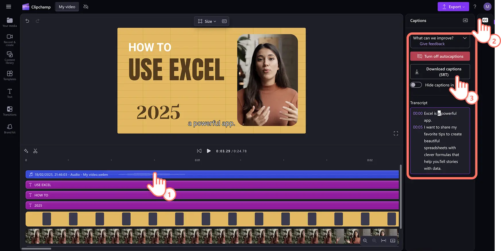 Clipchamp'te ses kaydediciden altyazı oluşturan kullanıcı