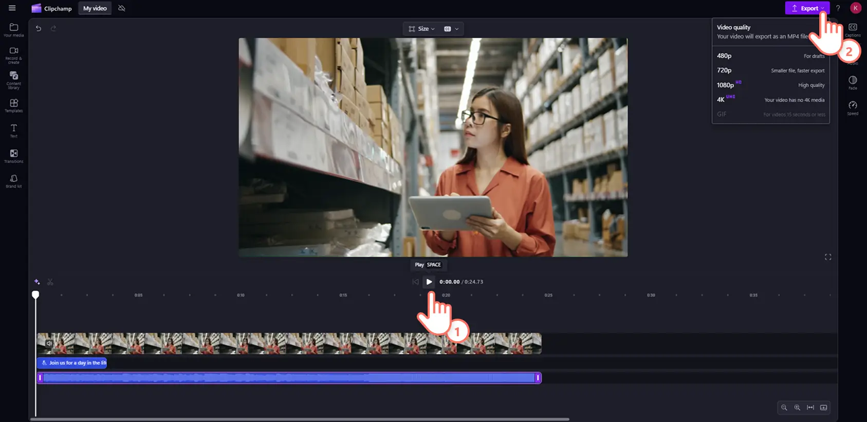 Clipchamp'te sesi değiştirilmiş bir videoyu dışa aktaran bir kullanıcı.