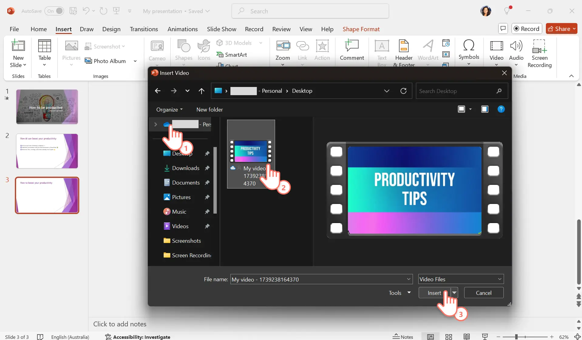 PowerPoint için OneDrive video dosyası seçen bir kullanıcı