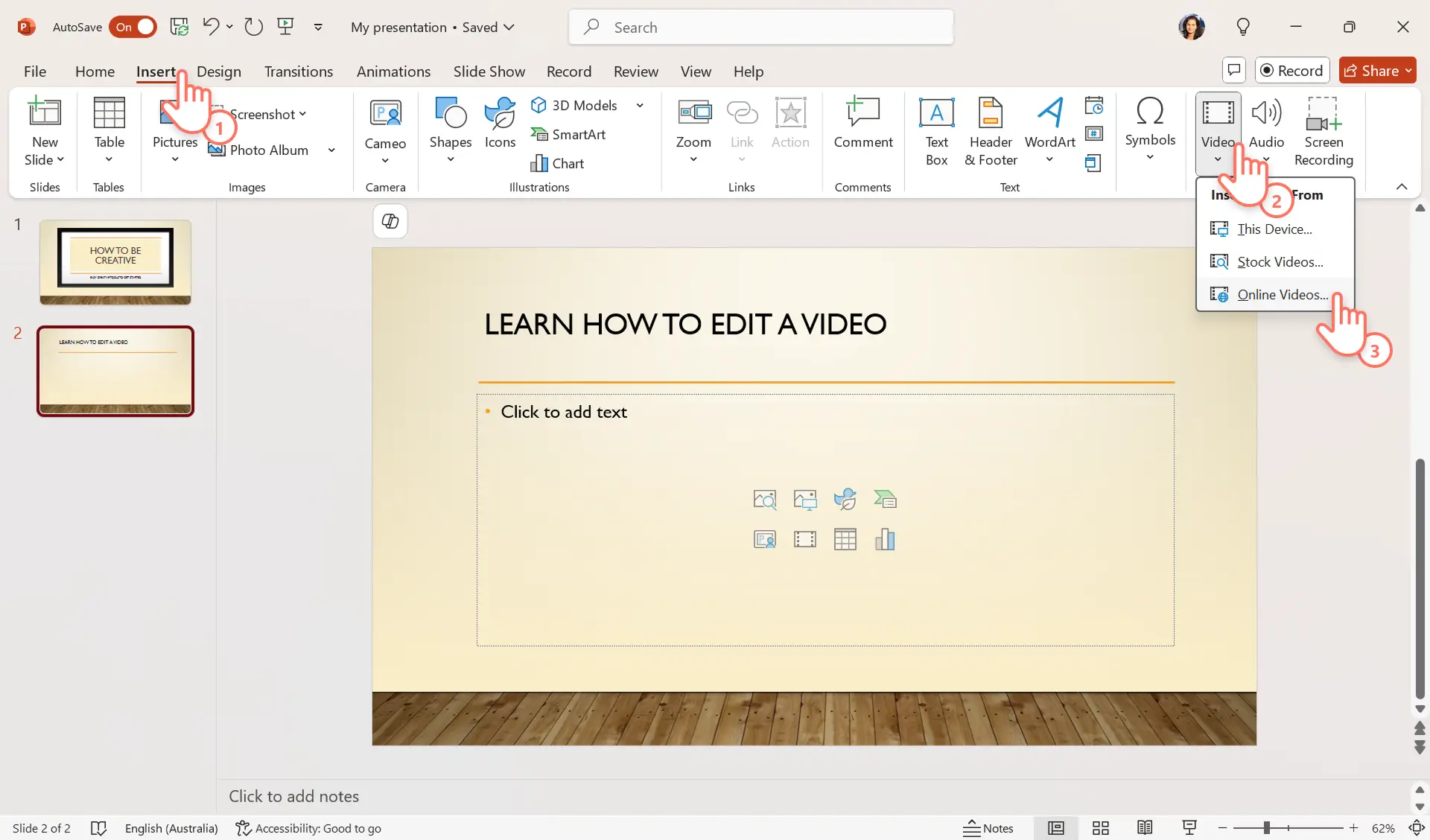 PowerPoint'e çevrimiçi video eklemeye çalışan bir kullanıcı