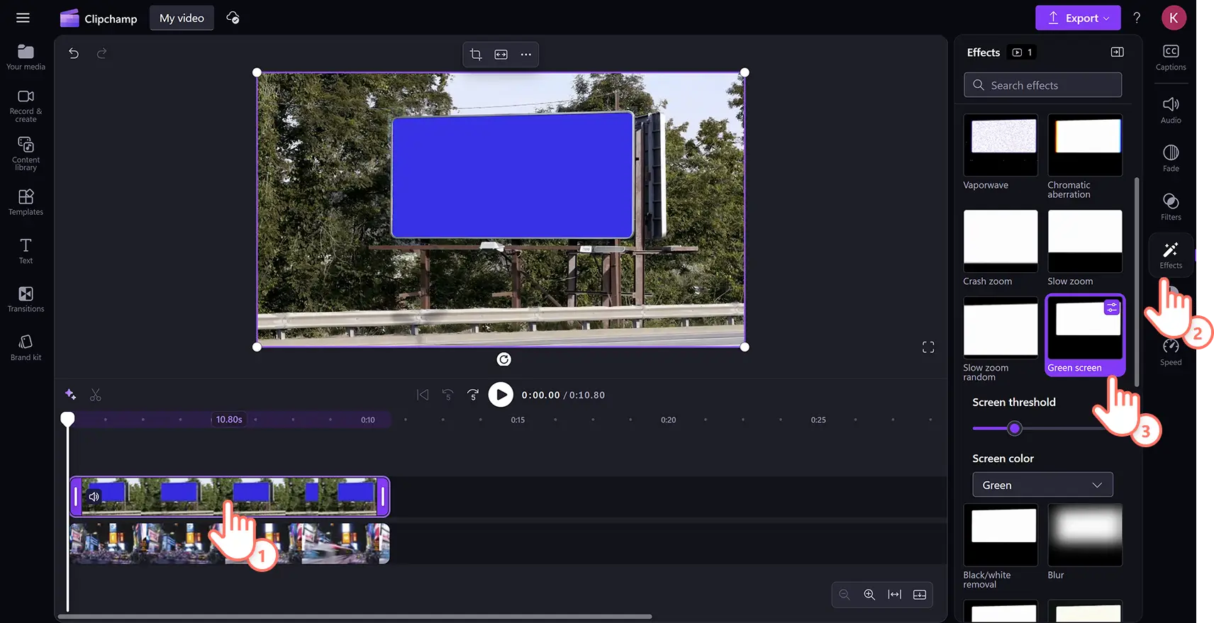 Clipchamp video düzenleyicisinde özellik panelindeki efektler sekmesinde yeşil ekran efektine tıklayan bir kullanıcı.