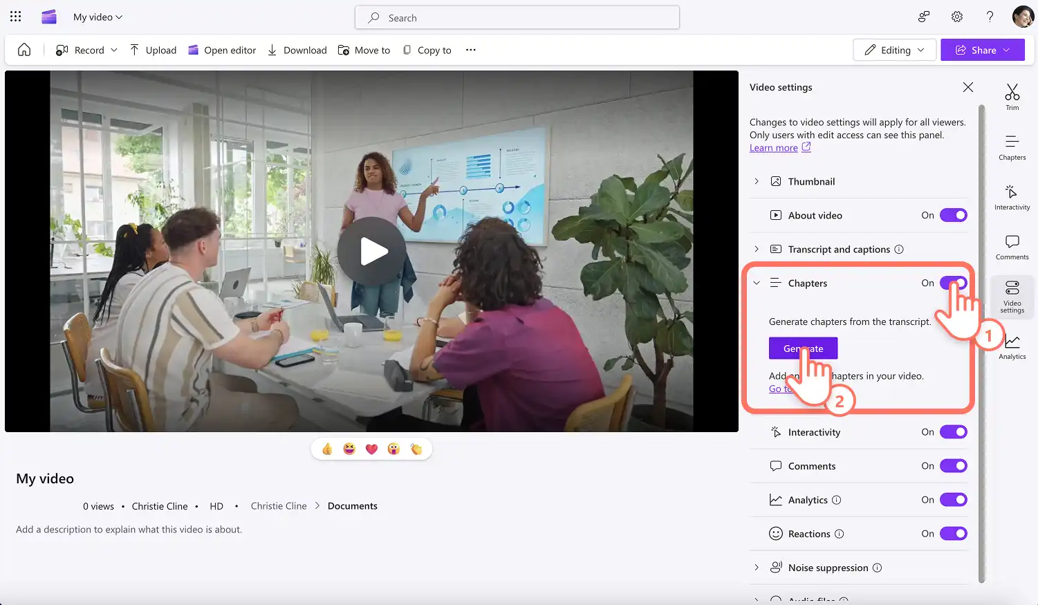 Clipchamp'te bölümler açma/kapama tuşunu açan bir kullanıcı.