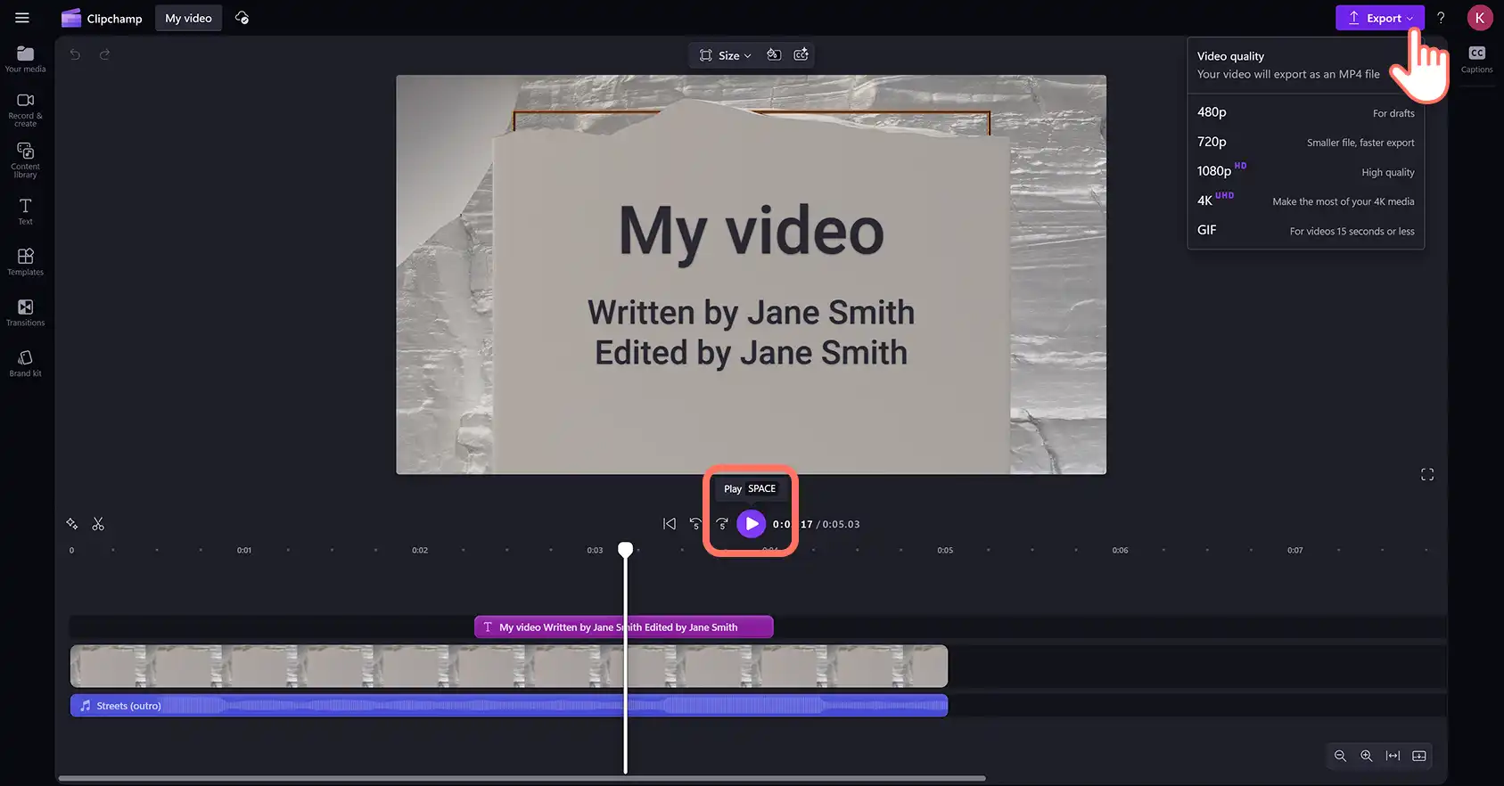 Clipchamp’te bir kapanış jeneriğini dışarı aktaran bir kullanıcı.