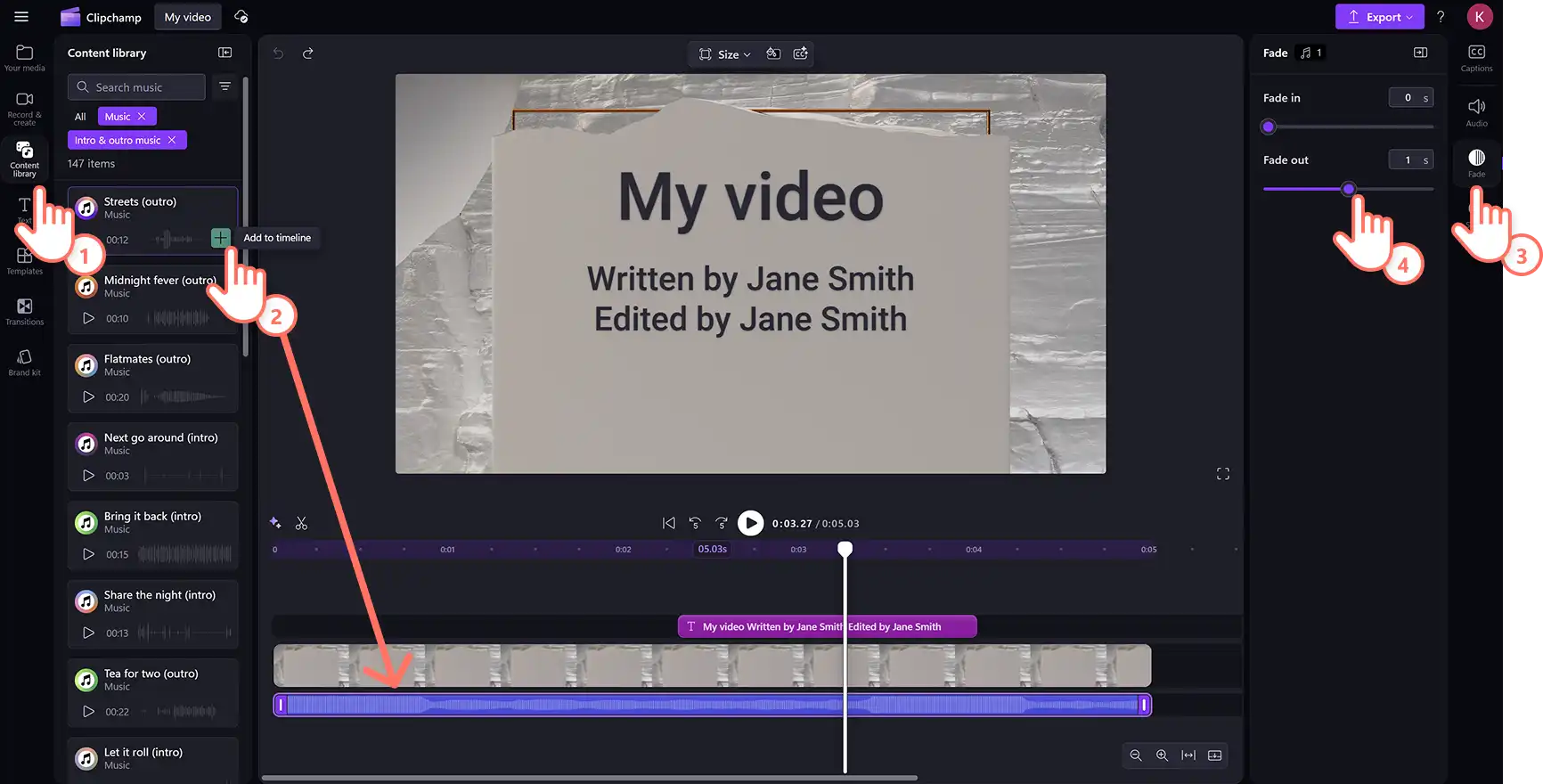 Clipchamp’te bir kapanış jeneriği videosuna stok müzik ekleyen bir kullanıcı.