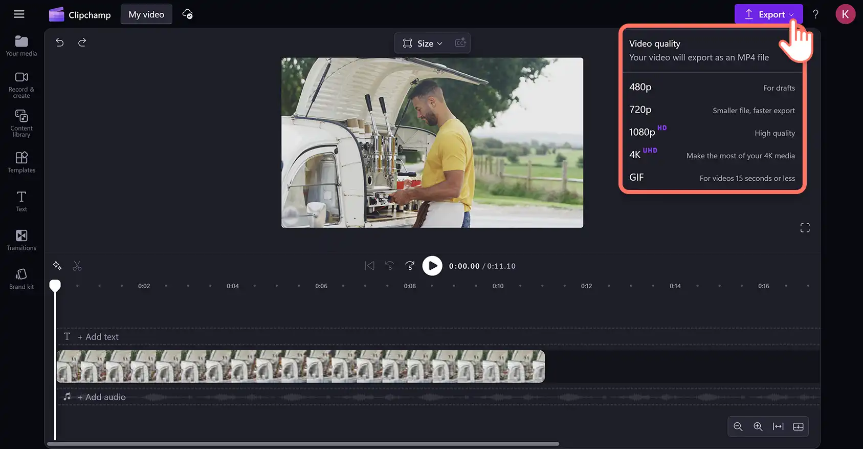 2048-23 Clipchamp video düzenleyicide Instagram için yeniden boyutlandırılmış bir videoyu dışarı aktaran bir kullanıcı.