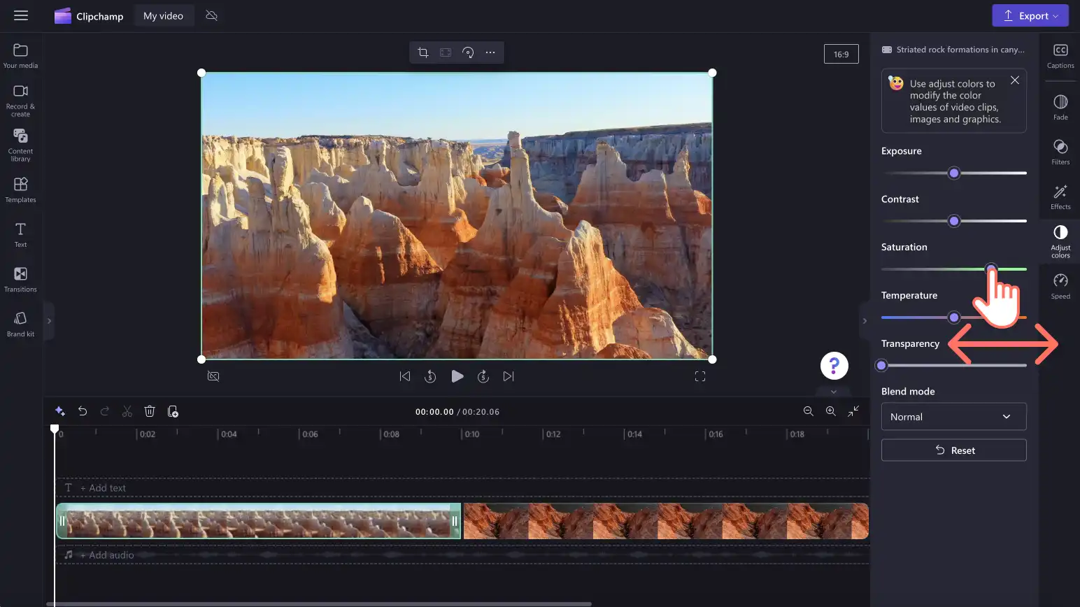 2048-40 Kaydırıcıyı kullanarak videonun doygunluğunu düzenleyen bir kullanıcının resmi.