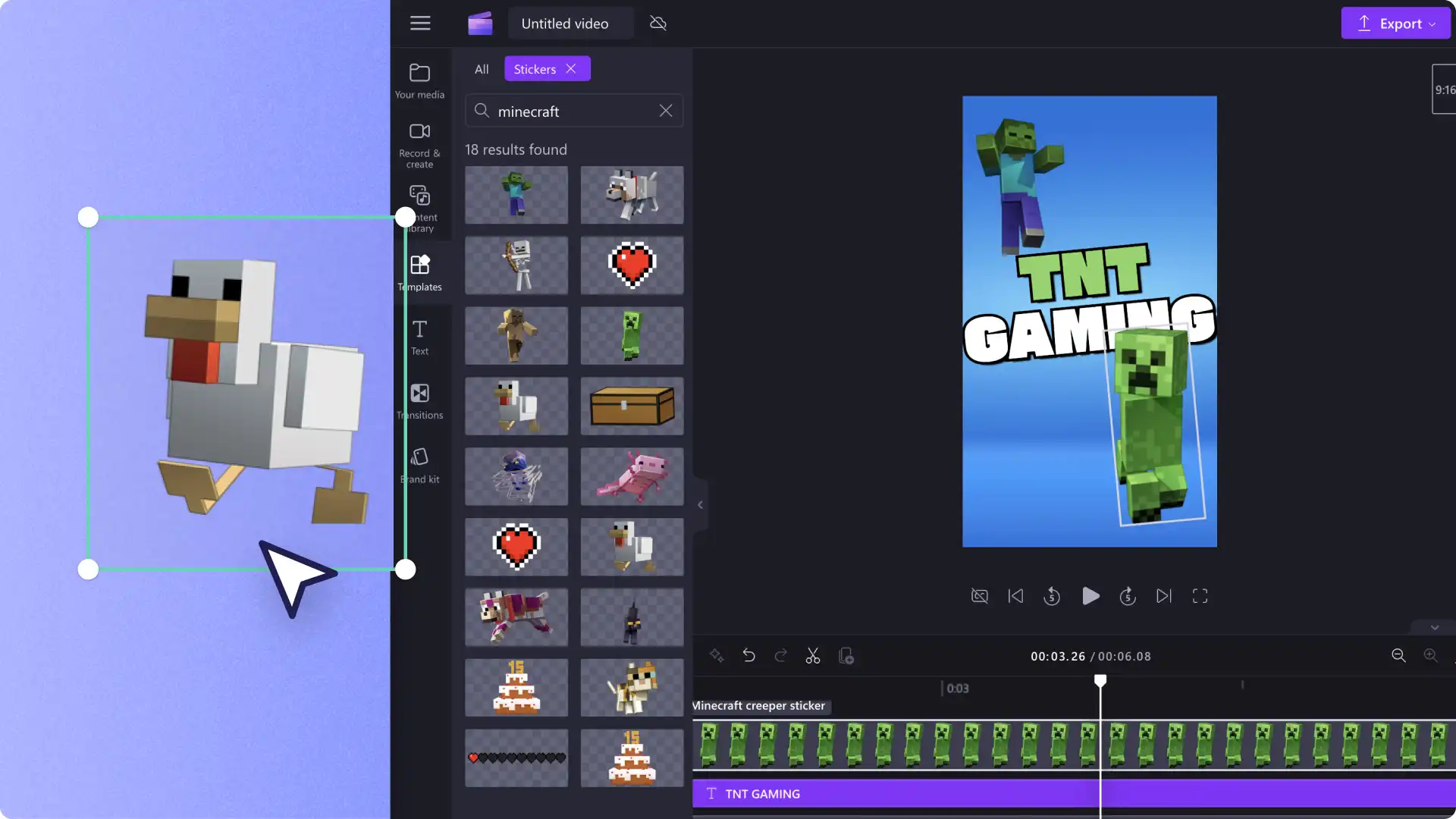 Clipchamp Minecraft çıkartma paketinin görüntüsü.