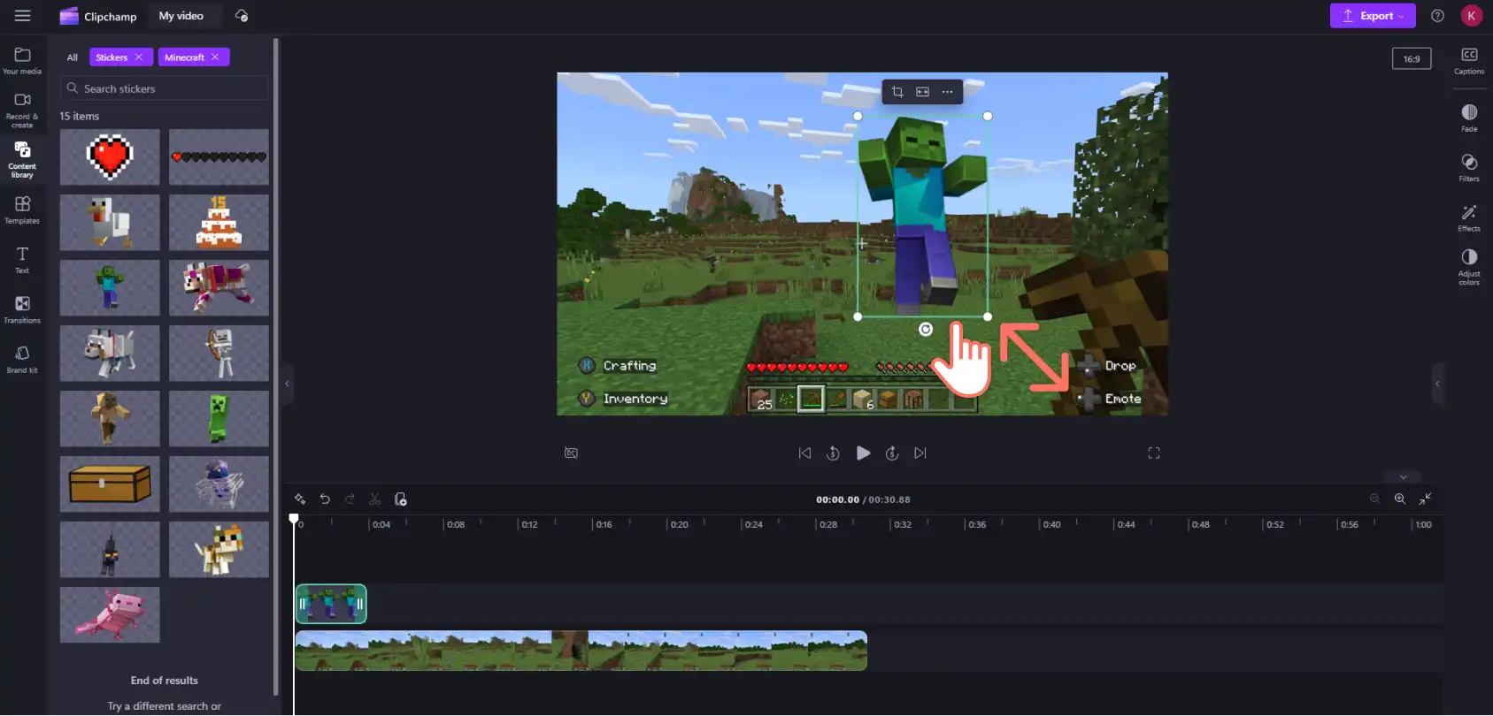 Bir Clipchamp kullanıcısının Minecraft çıkartmasını yeniden boyutlandırdığı bir görüntü.