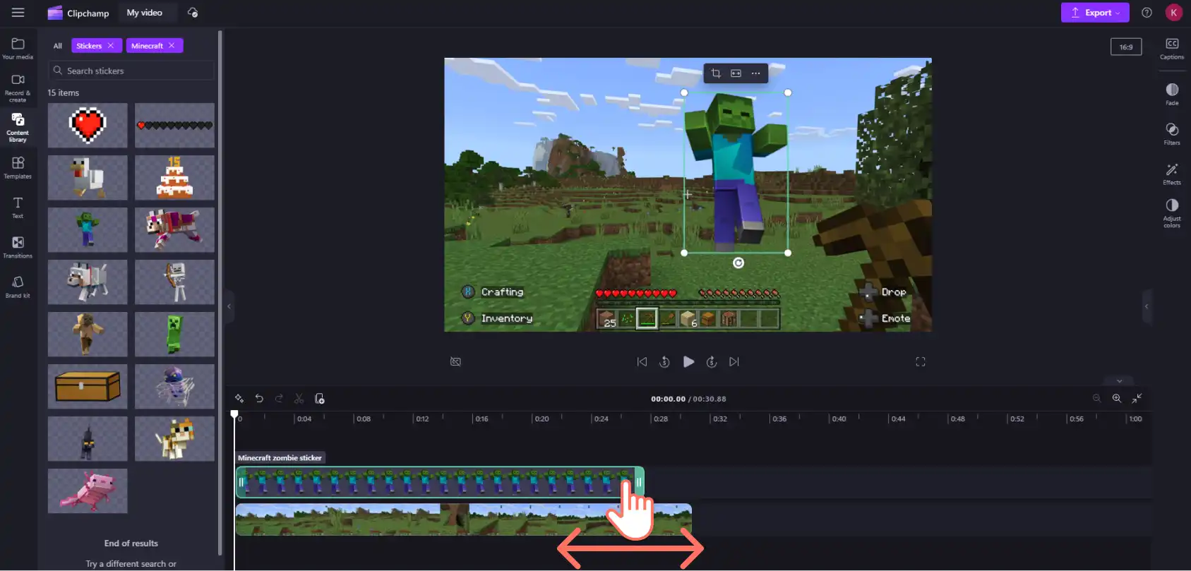 Minecraft çıkartmasının süresini değiştiren bir Clipchamp kullanıcısının resmi.