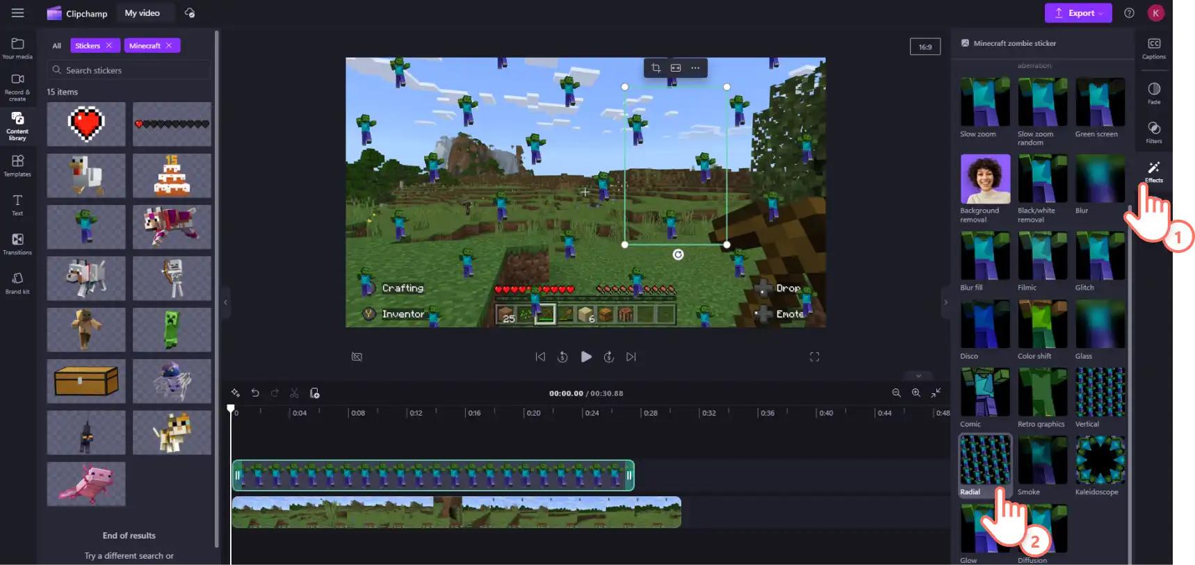 Minecraft çıkartmasına radyal efekt ekleyen bir Clipchamp kullanıcısının resmi.