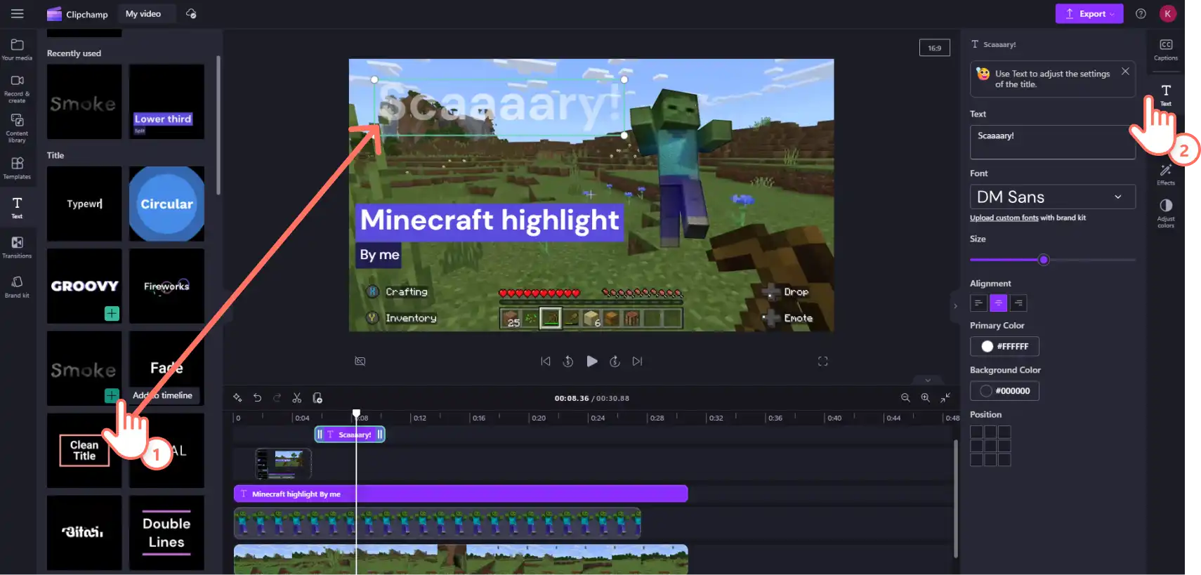Videosuna animasyonlu metin ekleyen bir Clipchamp kullanıcısının resmi.
