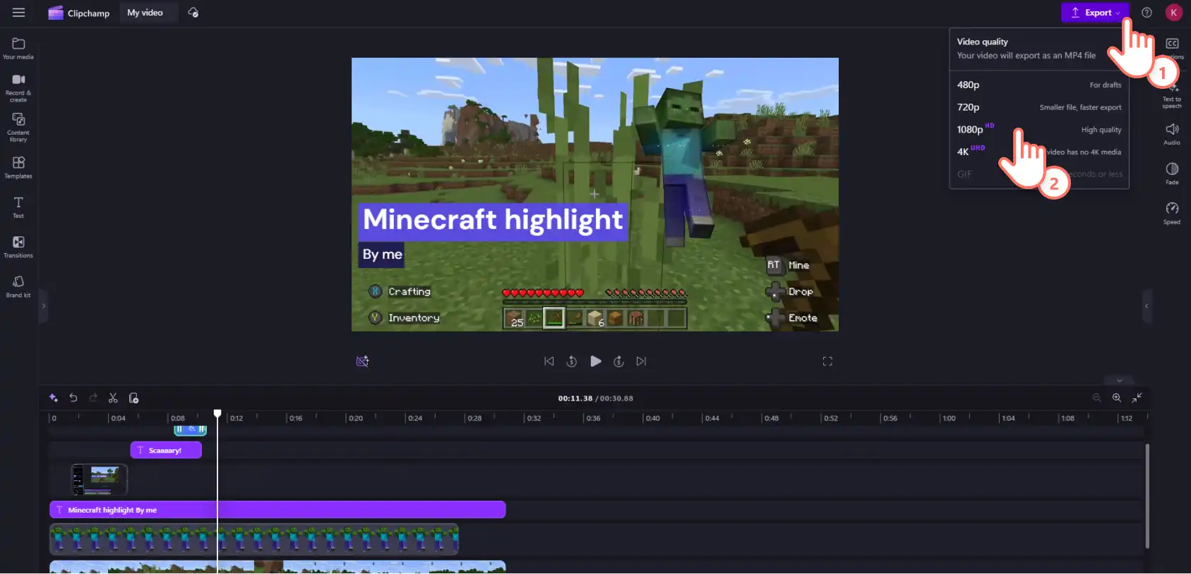 Videosunu 1080p olarak dışarı aktaran Clipchamp kullanıcısının resmi.