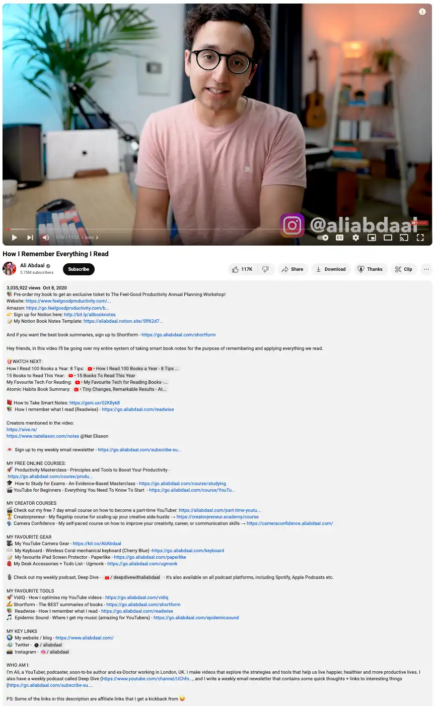 Ali Abdaal’ın “Okuduğum Her Şeyi Nasıl Hatırlıyorum” adlı YouTube video için hazırladığı video açıklamasının görüntüsü.