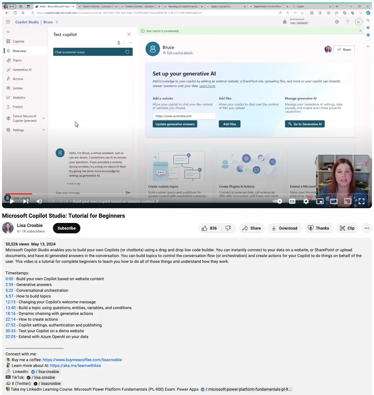 Lisa Crosbie’nin “Microsoft Copilot Studio: Yeni Başlayanlar İçin Öğretici” adlı YouTube videosu için hazırladığı video açıklamasının bir görüntüsü.