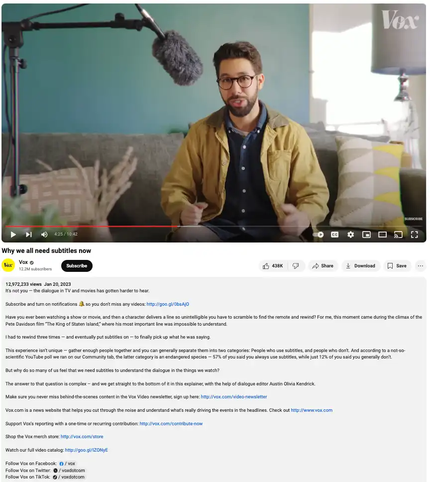 Vox Medya’nın “neden hepimizin artık alt yazıya ihtiyacı var?” başlıklı YouTube videosunun video açıklamasından bir görüntü.
